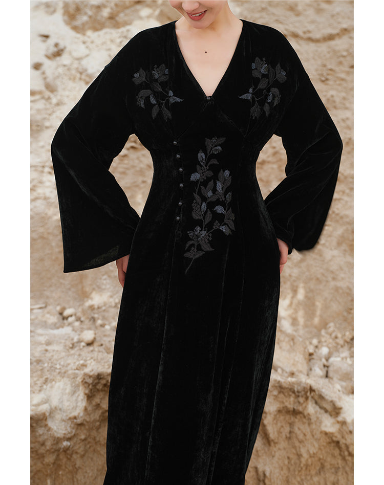 Ci Xiu 刺绣 Osmanthus Embroidery New Chinese Style Velvet Midi Dress