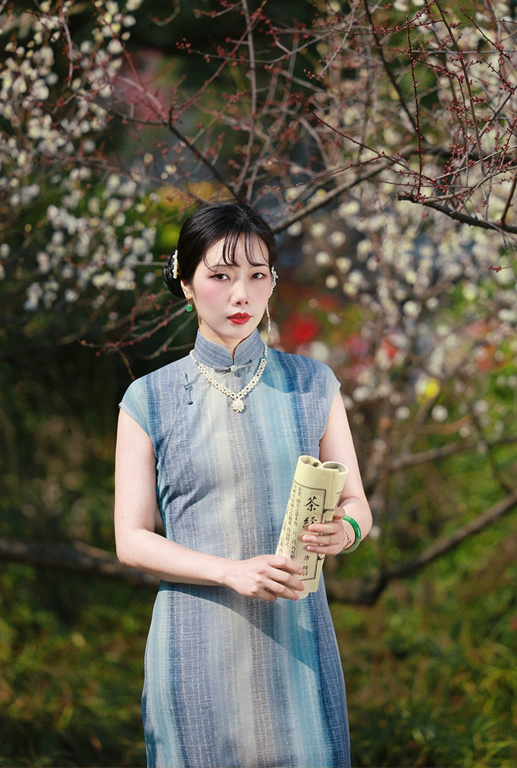 Susie Q 苏西Q 1930s Ombré Stripe Spring Summer Cap Sleeve Qipao