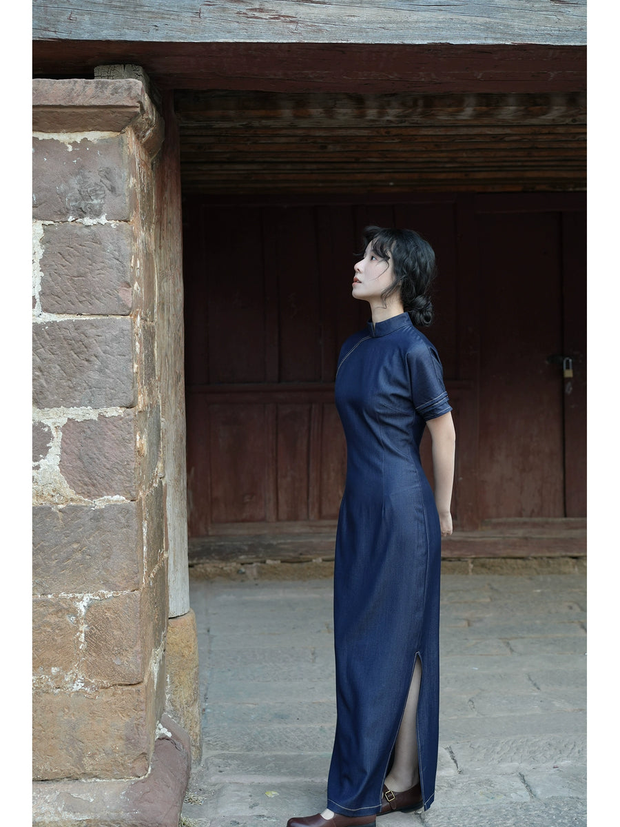 Shuo Ye 朔夜 New Moon Night Modernized Cotton Denim Short Sleeve Qipao