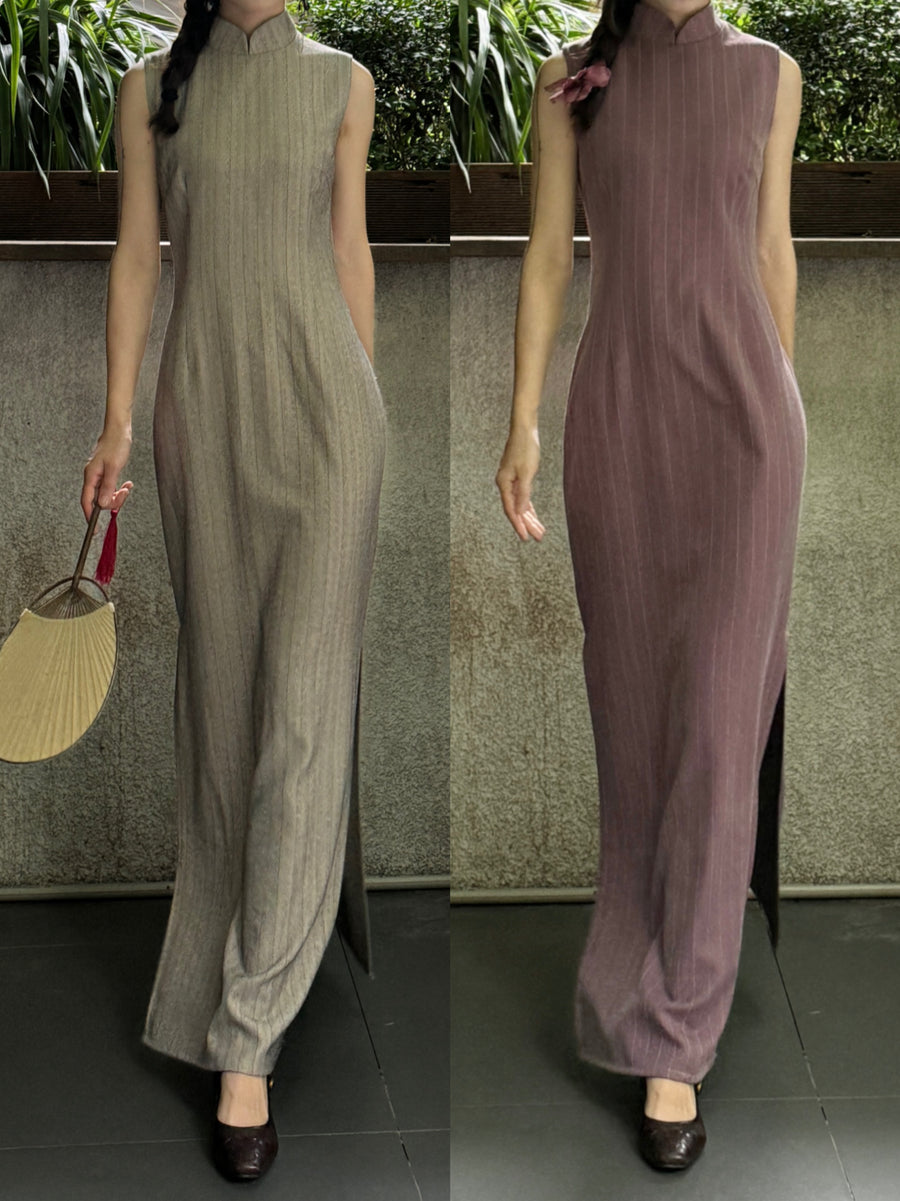 Sukè 素刻 Plain Carving Modernized Pinstripe Sleeveless Qipao
