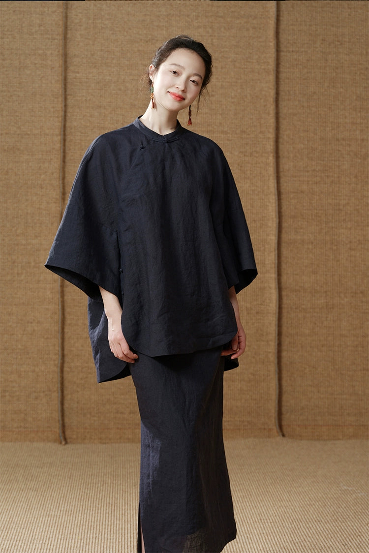 Bei Ke 贝壳 Seashells New Chinese Style Summer Ramie Qipao Top & Skirt Set