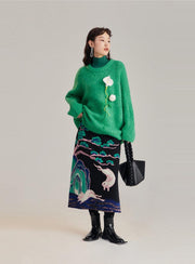 Xi Nao 嬉闹 Frolicking Rabbits New Chinese Style Knit Midi Skirt