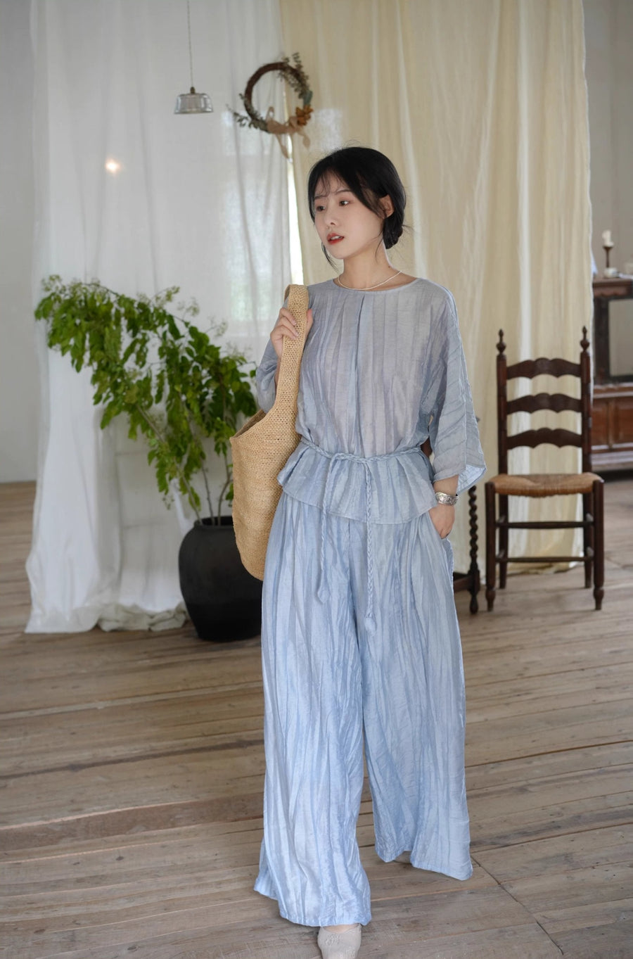 Ziruo 自若 Modernized Ming Dynasty Summer Tencel Shirt & Wide Leg Trousers Set