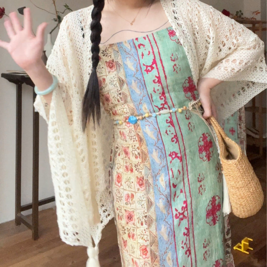 Trip to Dali 去大理 New Chinese Style Ancient Patchwork Beaded Collarless Qipao & Shawl Set