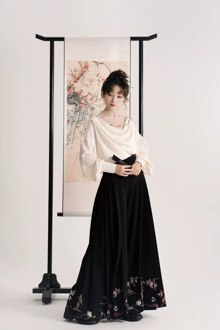 Yimeng Huayu 遗梦花语 A Flower's Language Modernized Ming Mamian Wide Legged Trousers & Drape Top Set