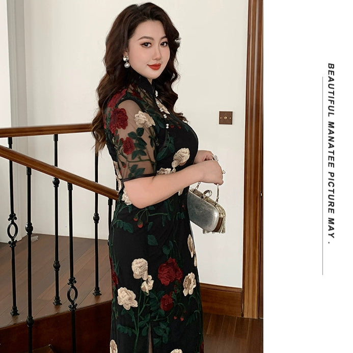 Xixue Gui 吸血鬼 Vampira Plus Size Modernized Sheer Embroidered Floral Short Sleeve Qipao