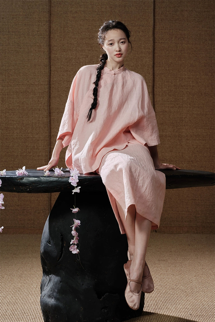 Bei Ke 贝壳 Seashells New Chinese Style Summer Ramie Qipao Top & Skirt Set