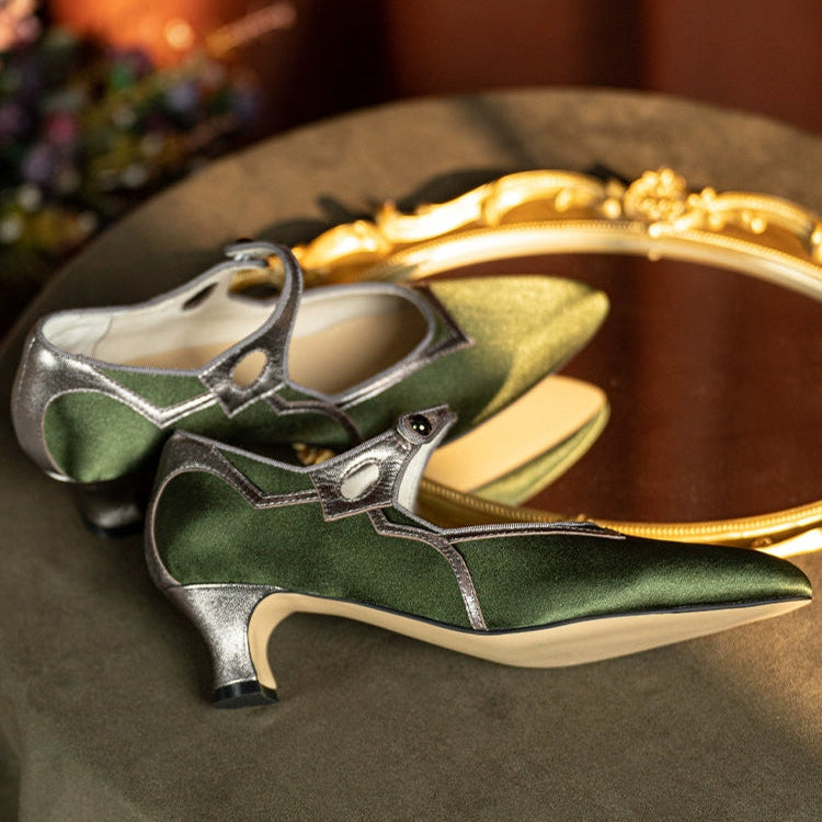 Yu Hou 玉后 Empress of Jade 1930s Genuine Leather Wine Heel Pointed Toe Mary Janes