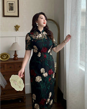Xixue Gui 吸血鬼 Vampira Plus Size Modernized Sheer Embroidered Floral Short Sleeve Qipao