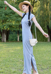 Bing Lan 冰蓝 Icy Blue 1930s Gingham & Lace Cap Sleeve Qipao