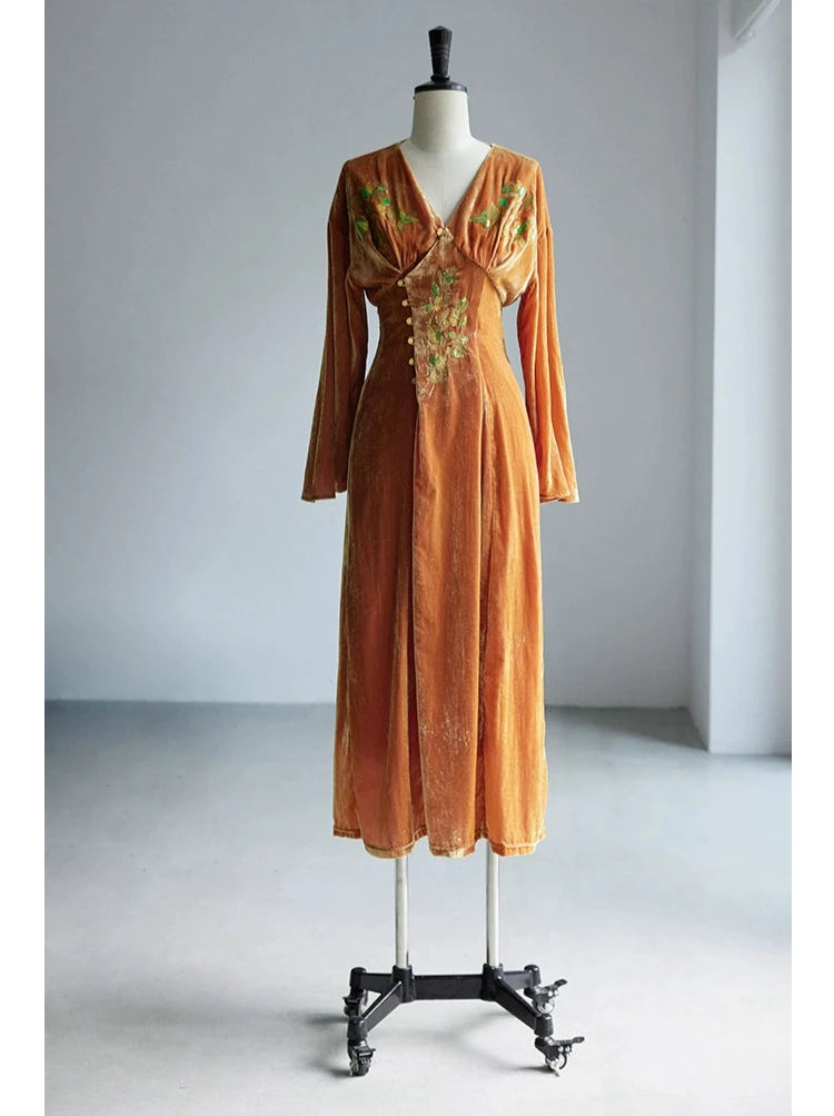 Ci Xiu 刺绣 Osmanthus Embroidery New Chinese Style Velvet Midi Dress