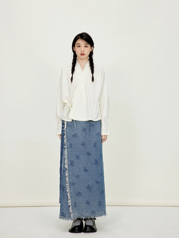 Du Shan 独山 Lonely Mountain Modernized Song Dynasty Feijixiu Top & Denim Xuanqun Skirt Set