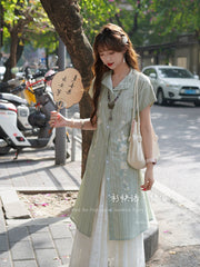 Lü Baihe 绿百合 Green Lily New Chinese Style Pure Cotton Round Collar Embroidered Day Dress