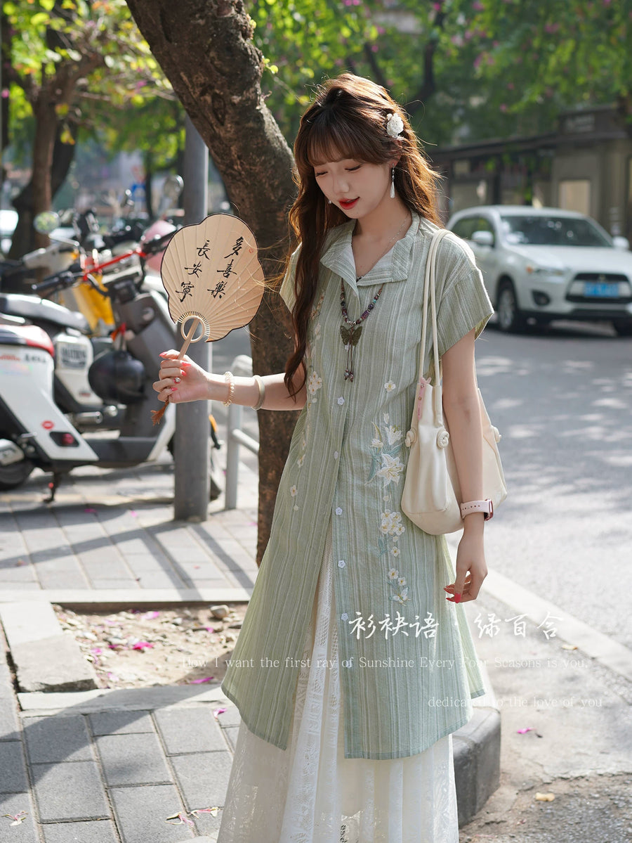 Lü Baihe 绿百合 Green Lily New Chinese Style Pure Cotton Round Collar Embroidered Day Dress Green Lily Dress / M