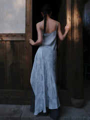 Yushu Luo 玉黍螺 Periwinkle New Chinese Style Bias Cut Satin Jacquard Two-Way Dress