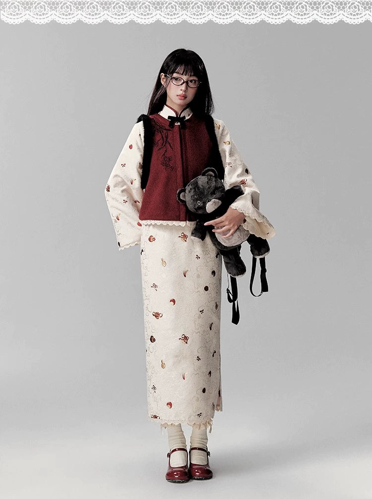 Tian Jiu 甜酒 Sweet Wine Modern Brocade Fleece Lined Long Sleeve Qipao & Fur Bijia Vest Set