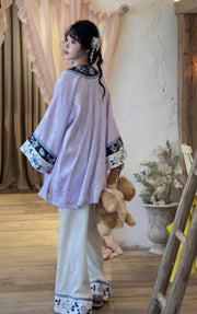 Xue Chuang 雪床 Bed of Snow Qing Han Pastel Embroidered Porcelain Round Collar Top & Pants Set