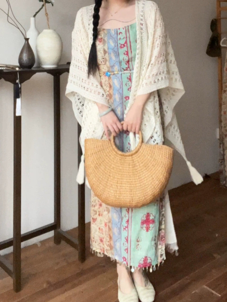 Trip to Dali 去大理 New Chinese Style Ancient Patchwork Beaded Collarless Qipao & Shawl Set