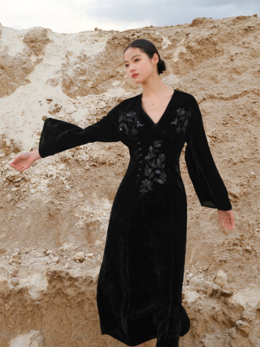 Ci Xiu 刺绣 Osmanthus Embroidery New Chinese Style Velvet Midi Dress