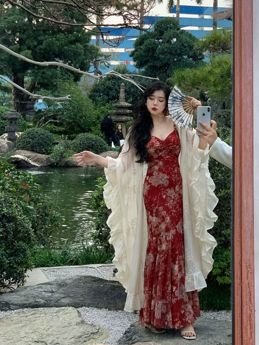 Tumi 荼靡 Bitter Herb New Chinese Style Summer Mermaid Floral Dress & Lace Cardigan Set