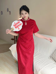 Hong Zhuang 红妆 Red Makeup Plus Size New Chinese Style Ruched Satin Qipao