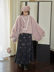 Bai Fu 百福 Hundred Wishes Modern Wei Ming Fur Cross Collar Coat & Velvet Poqun Skirt Set