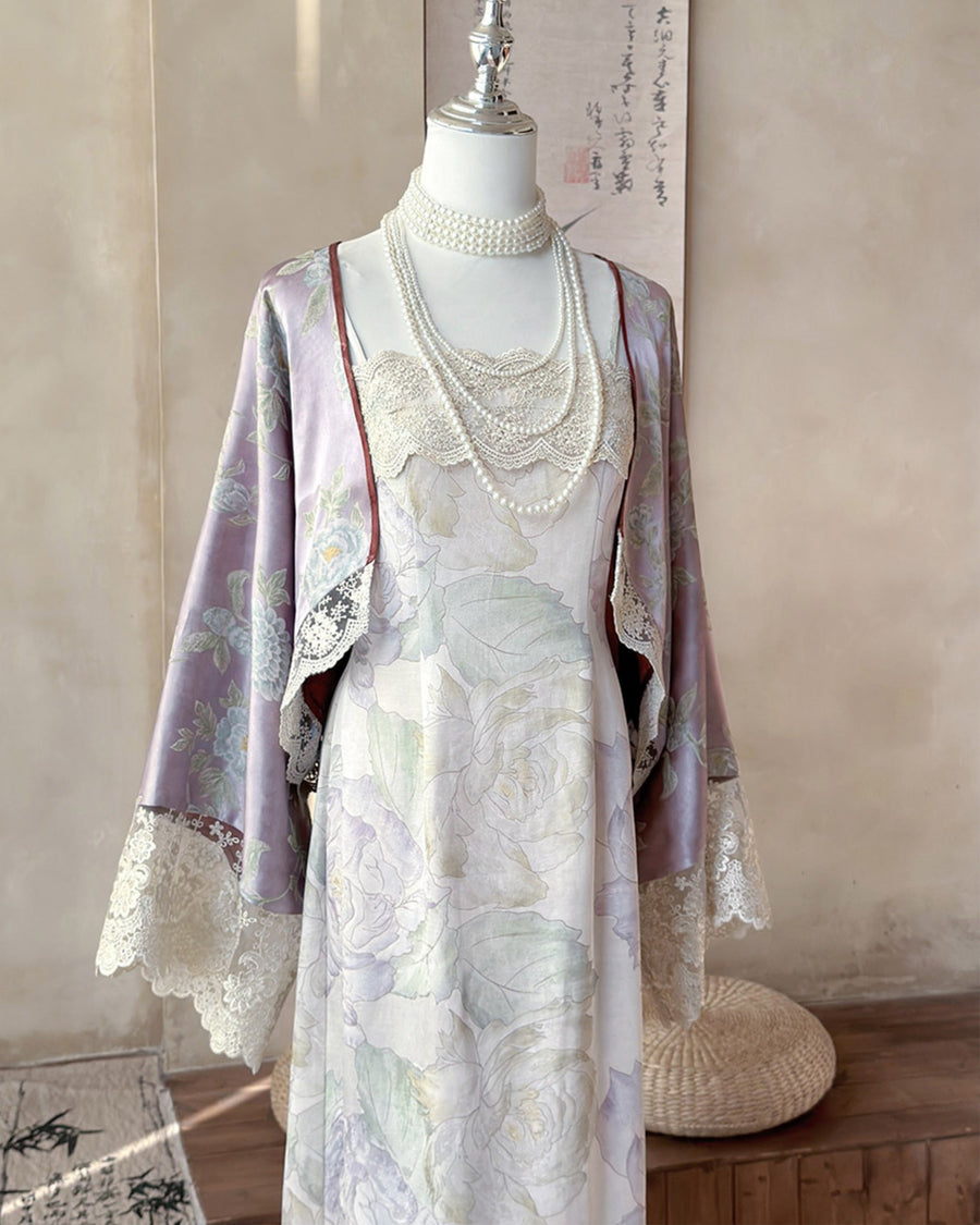 Zi Zhi 紫栀 Purple Gardenia Neo Chinese Lace Hezi Dress & Cardigan Set