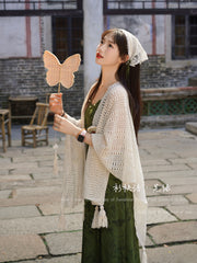 Wu Lü 芜绿 Lush Green Modernized Song Dynasty Dress & Crochet Cardigan Set