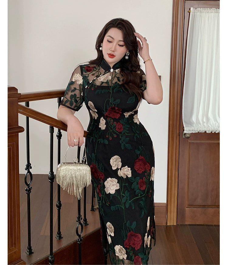 Xixue Gui 吸血鬼 Vampira Plus Size Modernized Sheer Embroidered Floral Short Sleeve Qipao