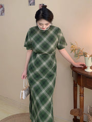 Gezi 格子 Plaid Plus Size 1930s Inspired Cotton Short Sleeve Qipao