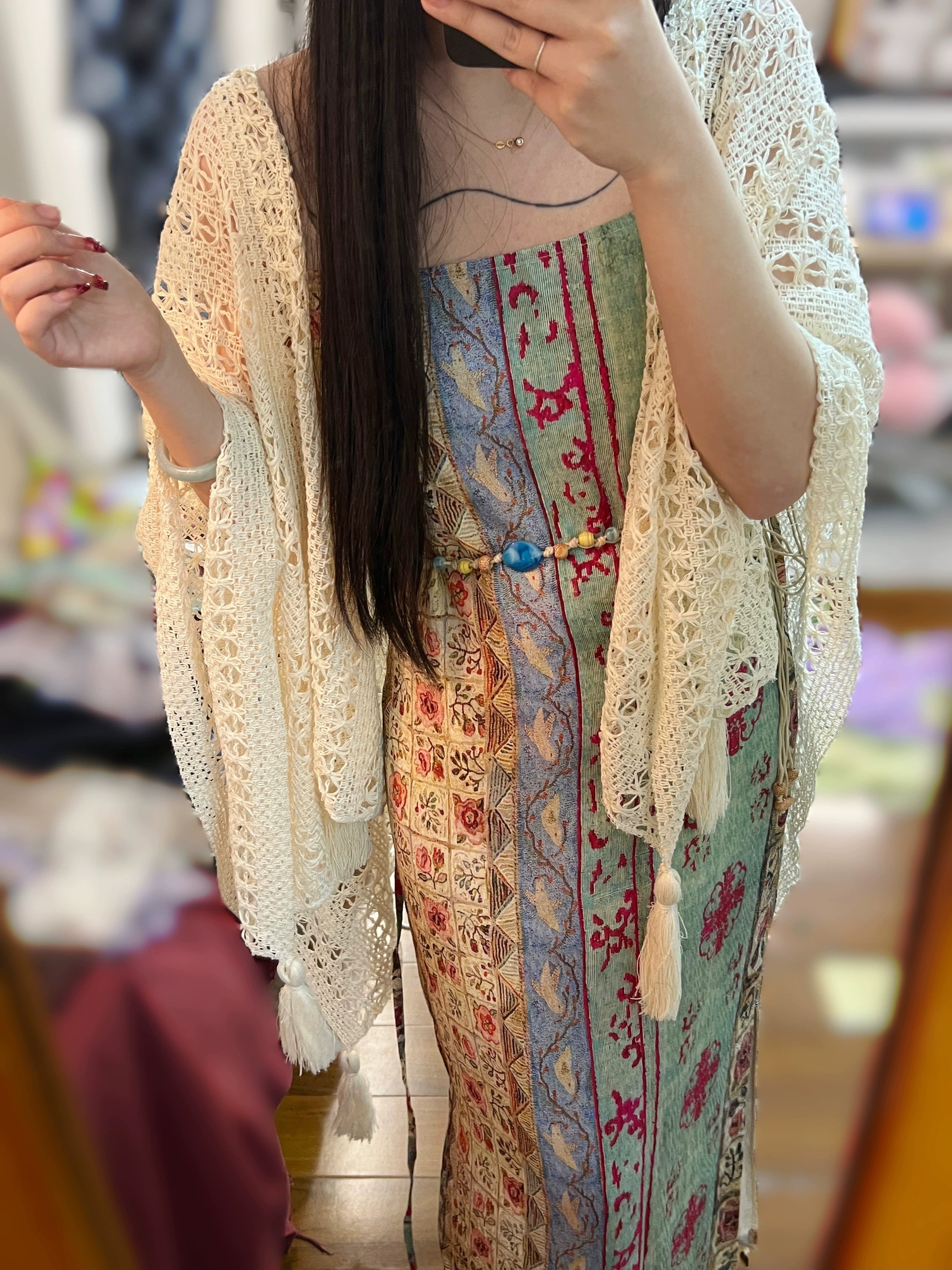 Trip to Dali 去大理 New Chinese Style Ancient Patchwork Beaded Collarless Qipao & Shawl Set