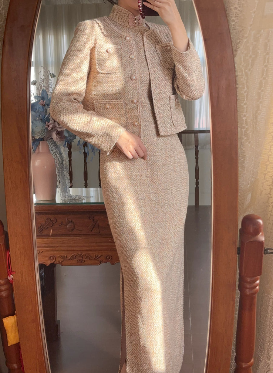 Mitao Wulong 蜜桃乌龙 Peach Oolong 1940s Inspired Tweed Qipao & Cropped Jacket Set