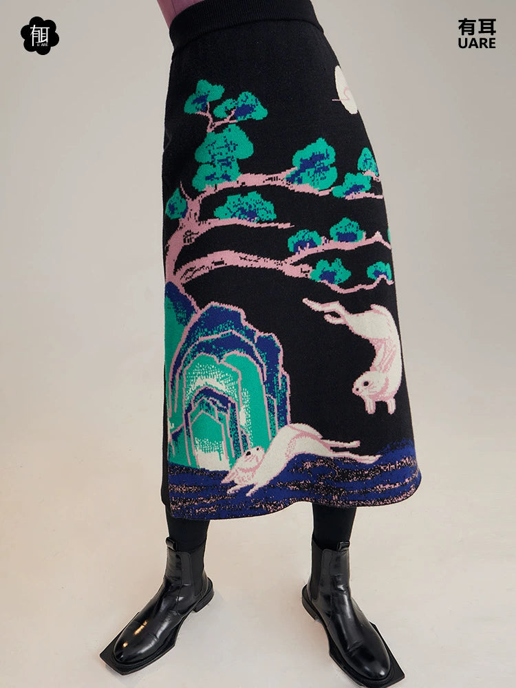 Xi Nao 嬉闹 Frolicking Rabbits New Chinese Style Knit Midi Skirt