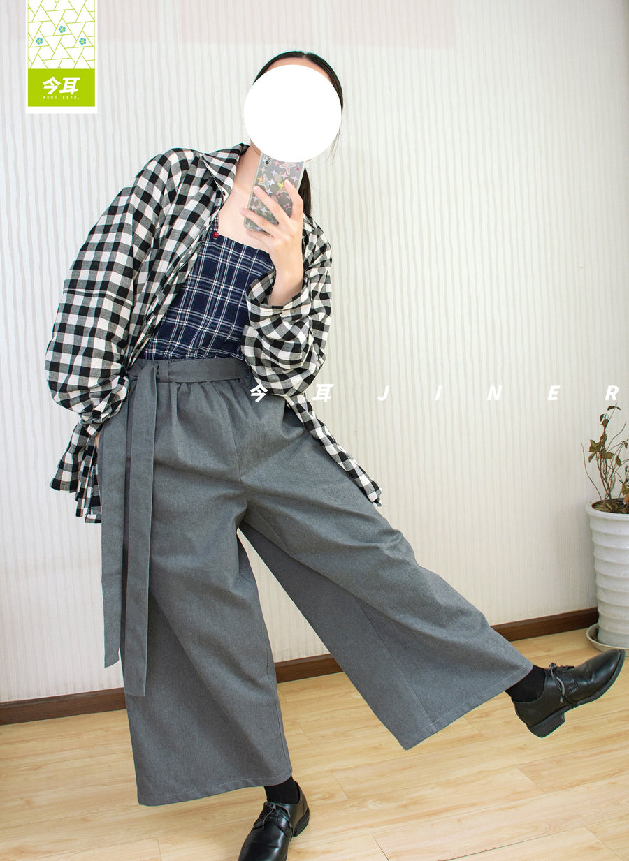 Hui Ge 灰格 Gray Grid Modernized Early Ming Sheep's Wool Tweed Coat & Cotton Denim Trousers