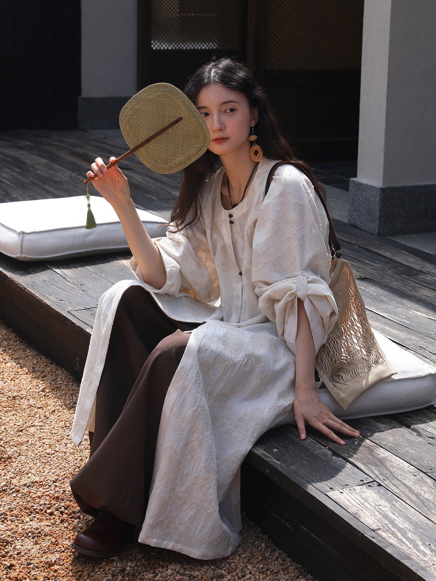 Hei Qiao 黑巧 Dark Chocolate Modernized WeiJin Ming Changshan Cotton Long Top & Lantern Trousers Set