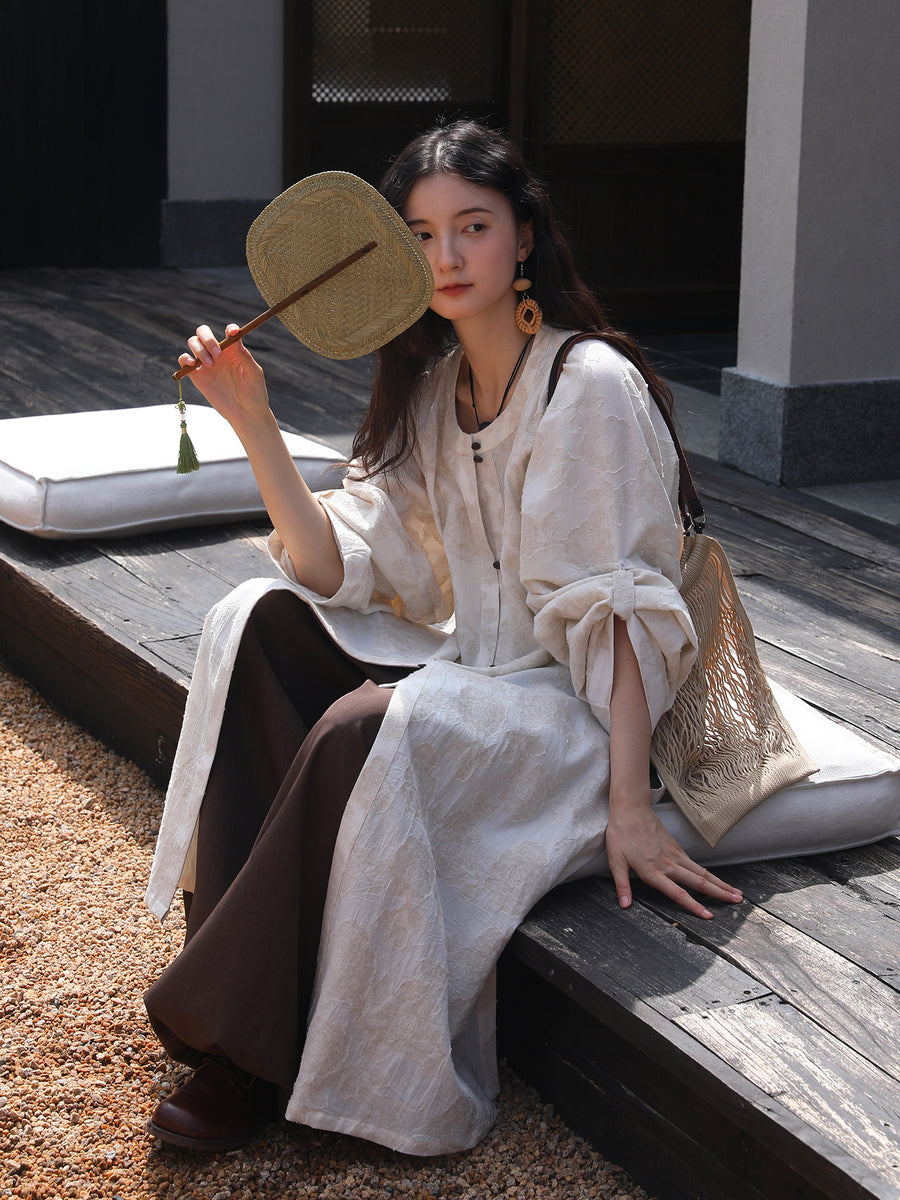 Hei Qiao 黑巧 Dark Chocolate Modernized WeiJin Ming Changshan Cotton Long Top & Lantern Trousers Set