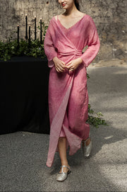 Peach Blossom with a Human Face 人面桃花 New Chinese Style Pure Ramie Wrap Dress