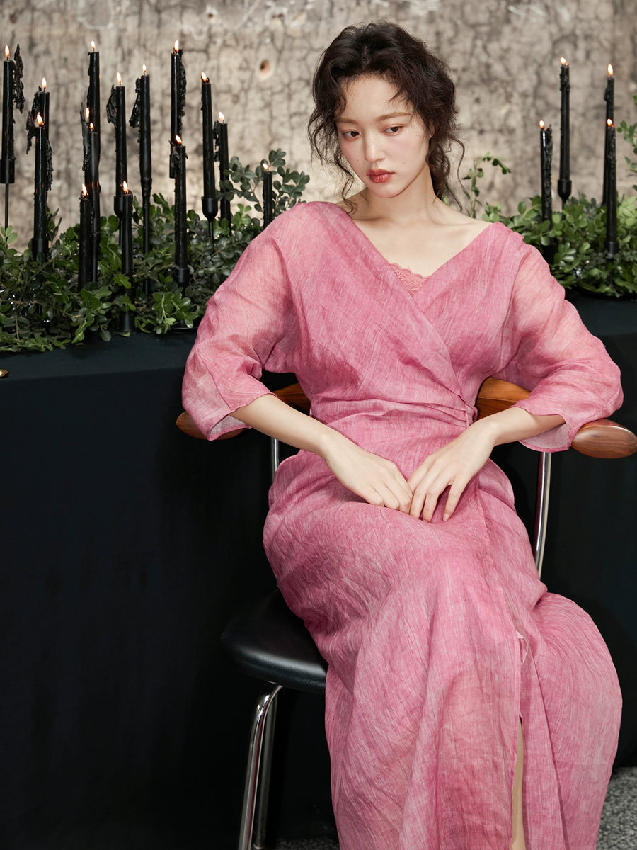 Peach Blossom with a Human Face 人面桃花 New Chinese Style Pure Ramie Wrap Dress
