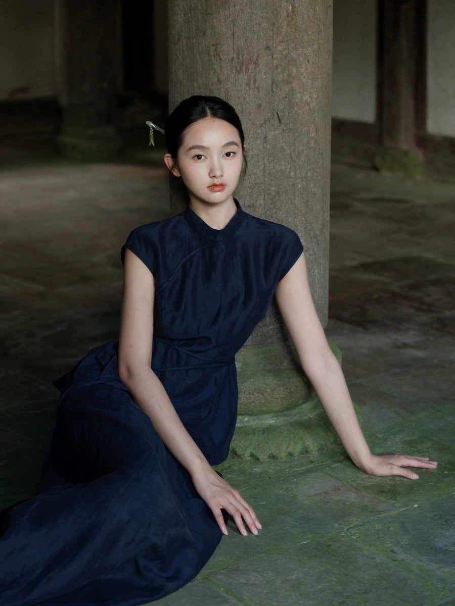 Lan Su 蓝溯 Tracing Blue New Chinese Style Summer Tencel Linen Qipao Top & Skirt Set