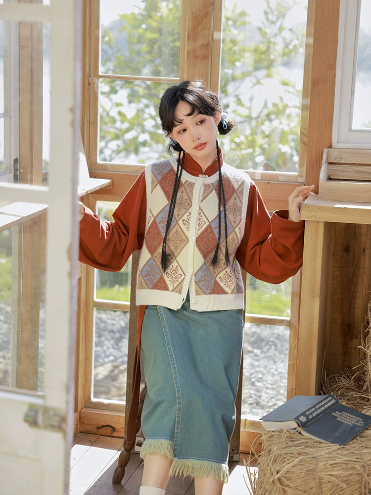 Na Ti 拿铁 Latte Modernized Song Ming Denim Xuanqun & Knit Bijia Set