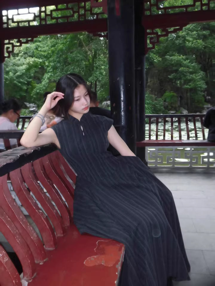 Wednesday 星期三 New Chinese Style Pinstripe Square Skirt Victorian Qipao Dress