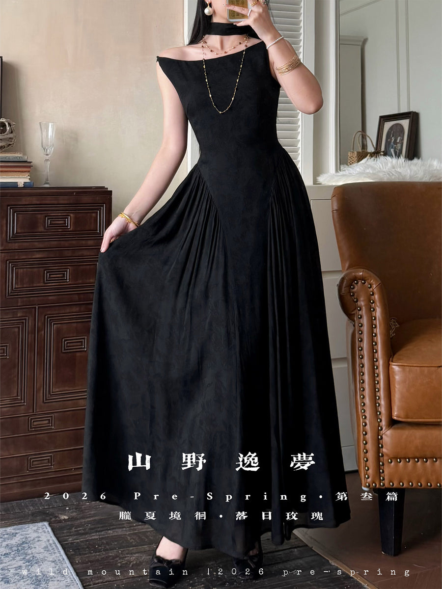 Huanghun Meigui 黄昏玫瑰 Dawn Rose New Chinese Style Sleeveless Vintage Boat Neck Flared Dress