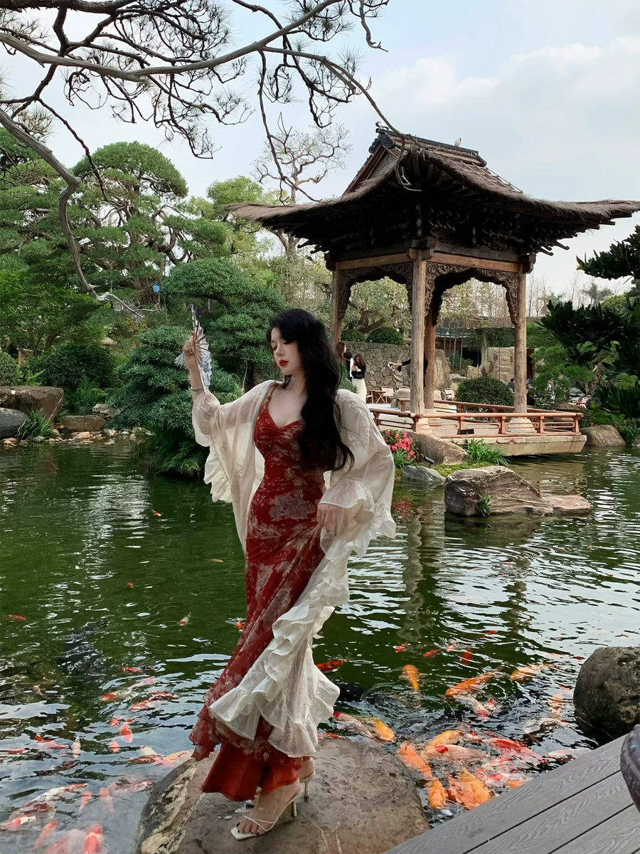 Tumi 荼靡 Bitter Herb New Chinese Style Summer Mermaid Floral Dress & Lace Cardigan Set