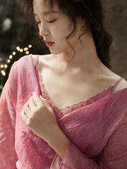 Peach Blossom with a Human Face 人面桃花 New Chinese Style Pure Ramie Wrap Dress