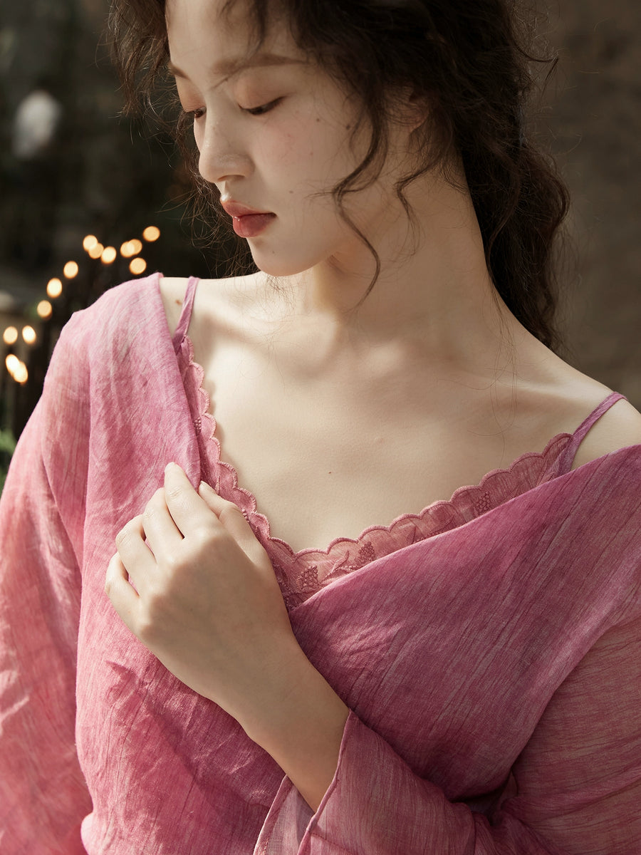 Peach Blossom with a Human Face 人面桃花 New Chinese Style Pure Ramie Wrap Dress