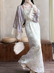 Zi Zhi 紫栀 Purple Gardenia Neo Chinese Lace Hezi Dress & Cardigan Set