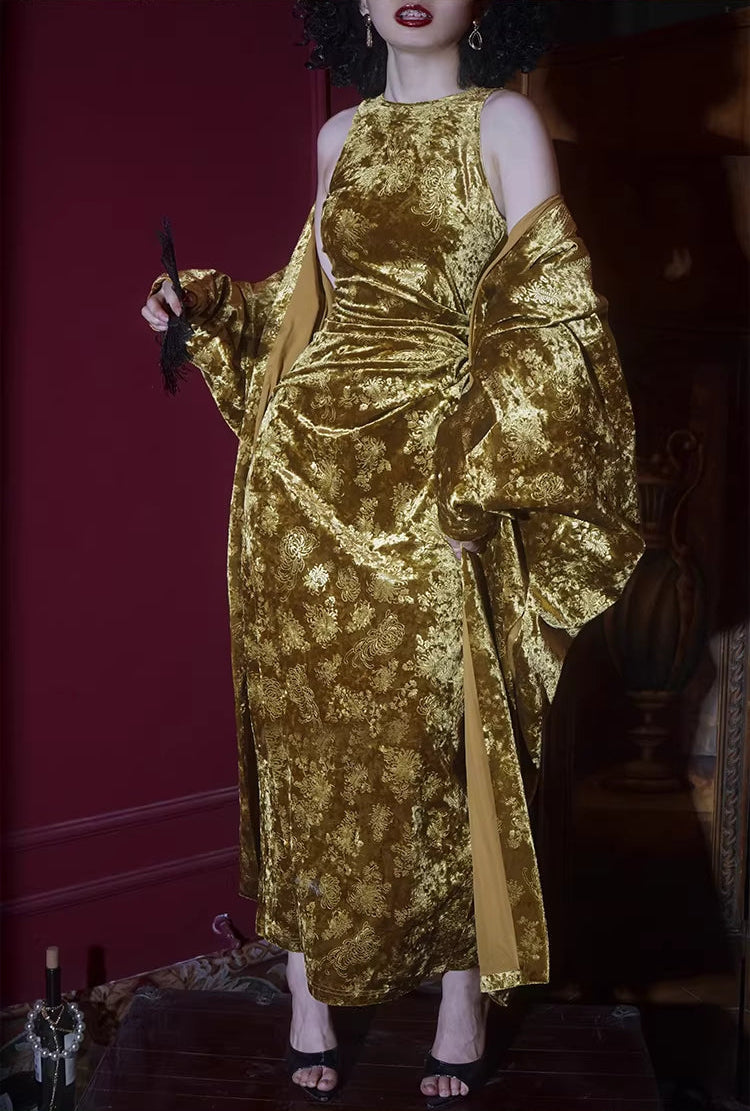 Liu Qi 鎏绮 Flowing Gold New Chinese Style Velvet Dress & Shawl Coat Set