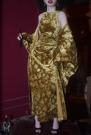 Liu Qi 鎏绮 Flowing Gold New Chinese Style Velvet Dress & Shawl Coat Set