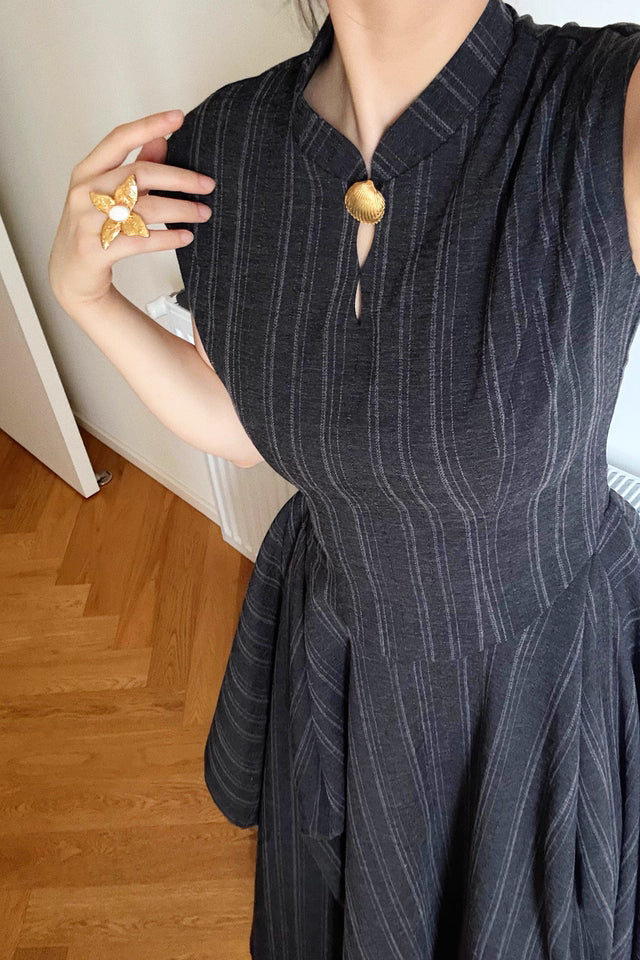 Wednesday 星期三 New Chinese Style Pinstripe Square Skirt Victorian Qipao Dress