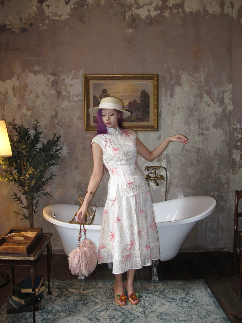 Coconut Grove 满幅椰林 New Chinese Style Embroidered Flamingo Qipao Top & Midi Skirt Set